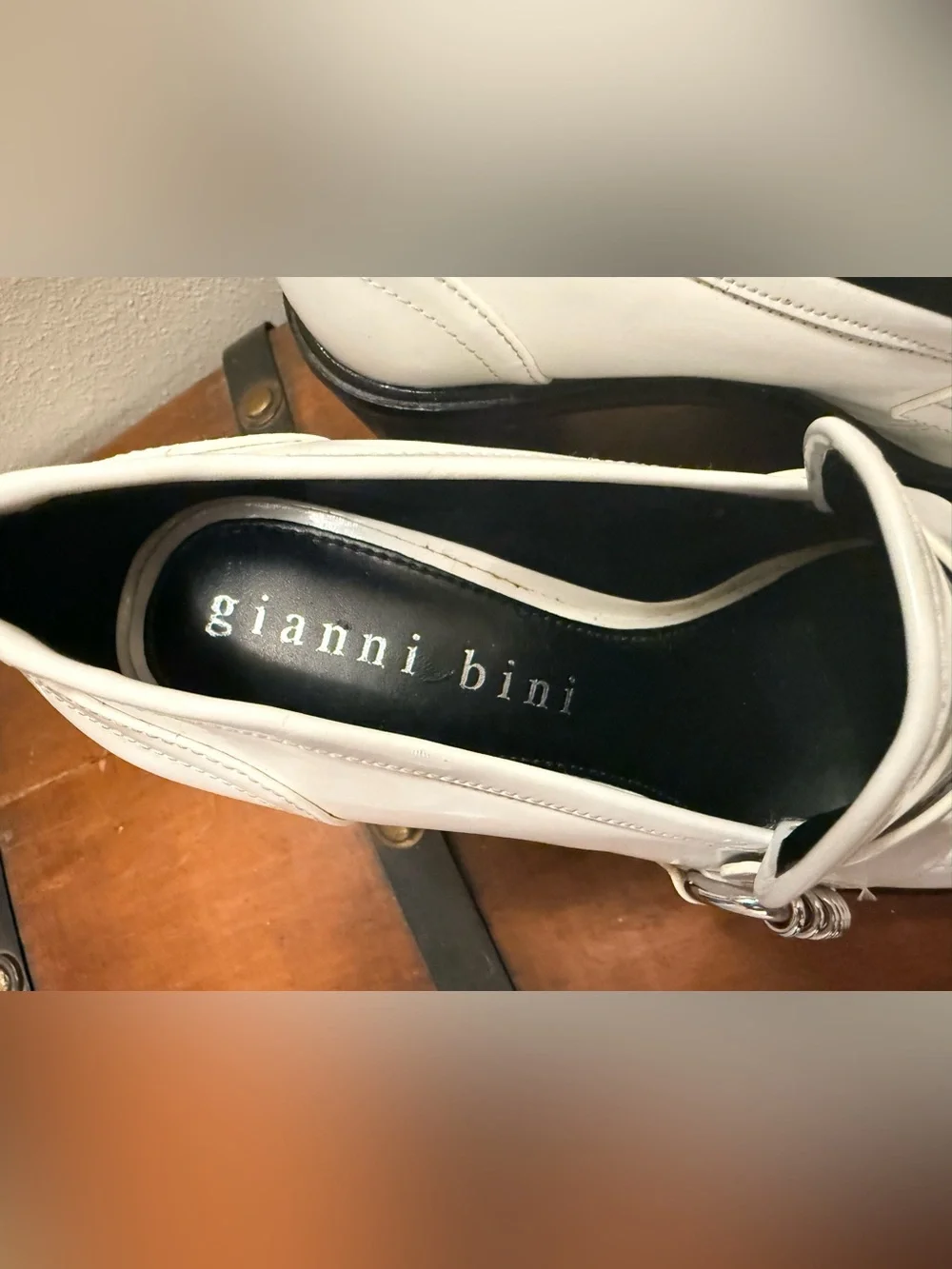 Gianni Bini White Platform Loafer Heels with Silver Ring Accent